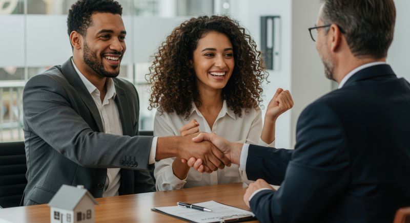 Couple agreeing to their new mortgage refinancing terms