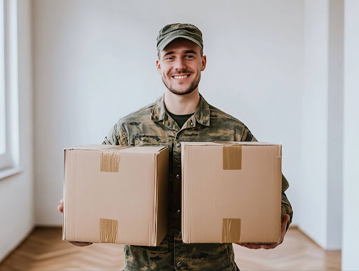 Military man moving two cardboard boxes and smiling